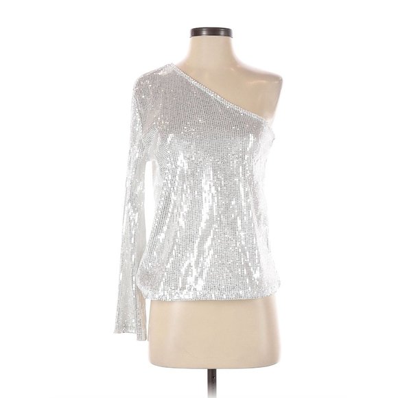 Size Small Lea & Viola‎ One Shoulder Sequin Top Party Silver Metallic New Year's - Picture 2 of 7